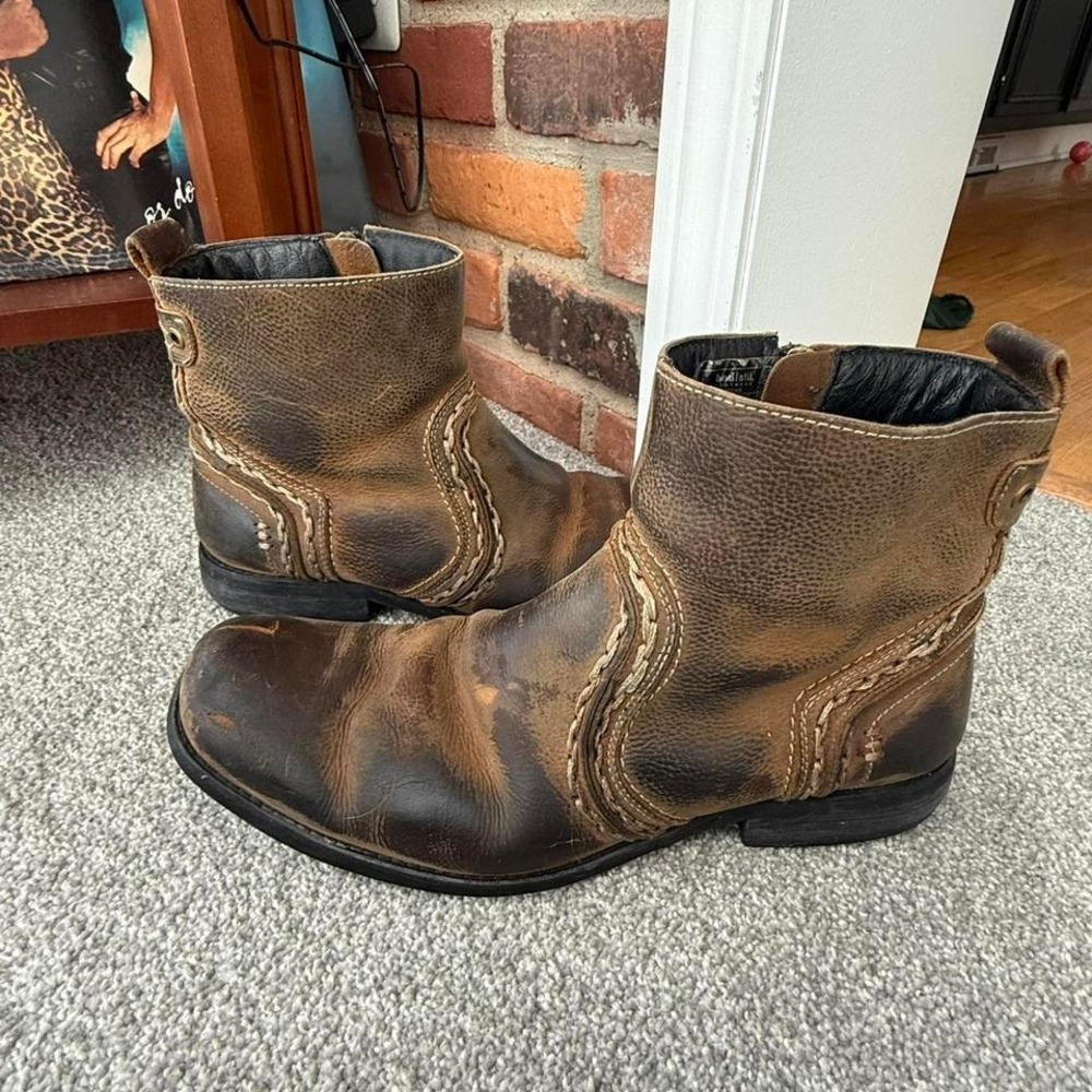 Bed Stu Revolution Distressed Leather Square Toe Ankle Boots Zip Mens Size 10